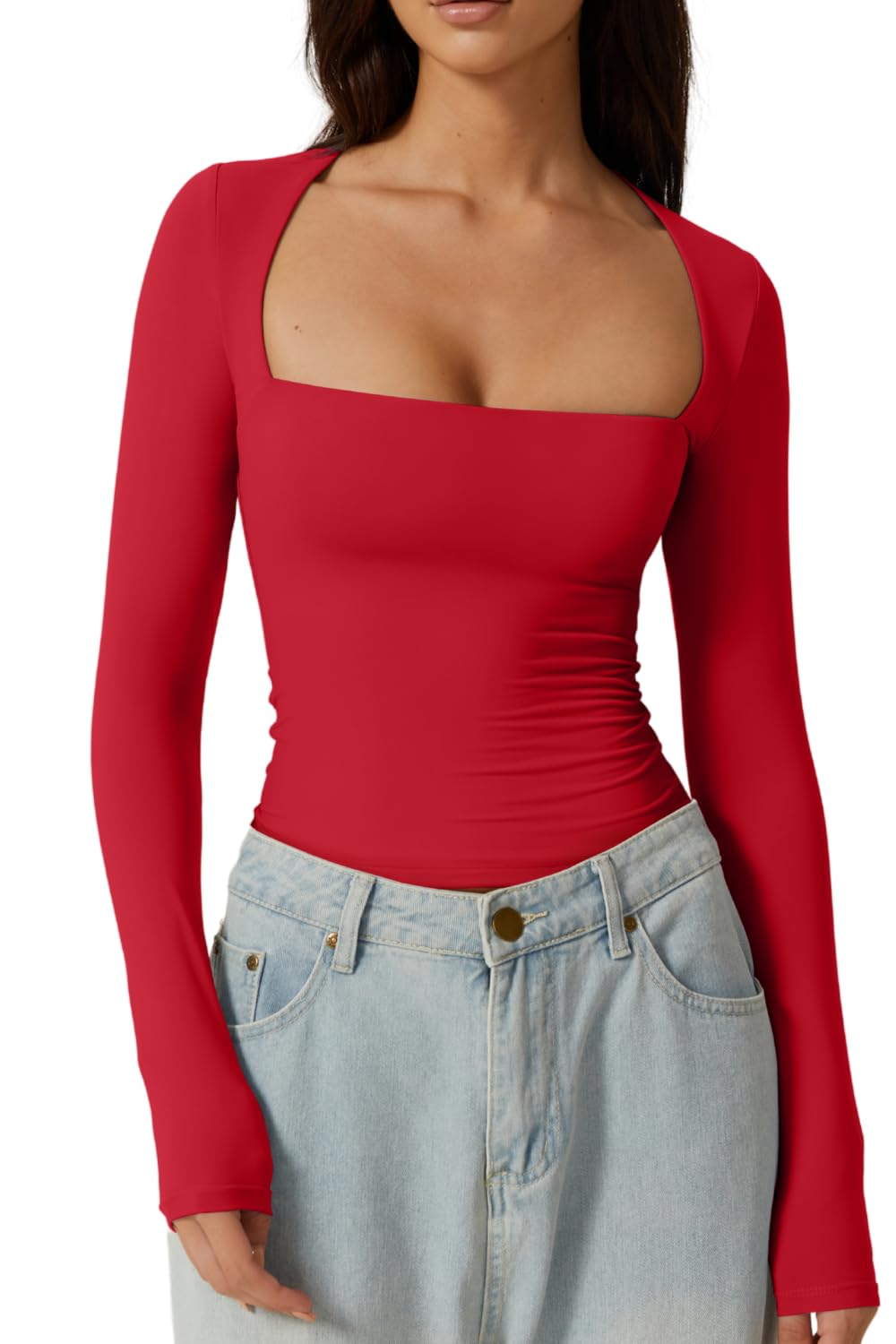 qinsen Women's Sexy Square Neck Long Sleeve Double Lined Tight Night Out Shirt-picture-16