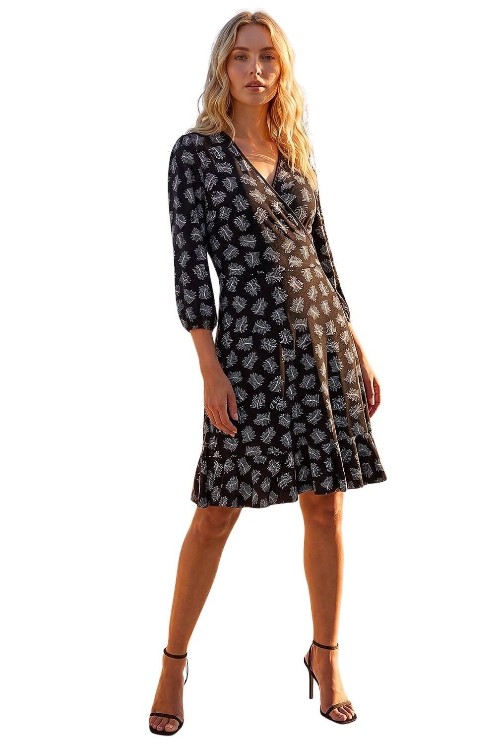 Roman Women's Black Leaf Print Wrap Stretch Dress Size 18