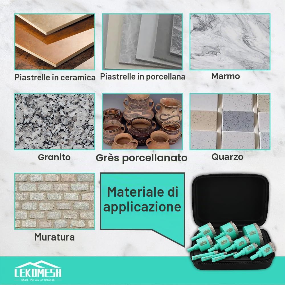 Punte Diamantate per Piastrelle - 11 pezzi (6/8/10/20/25/28/32/35/45/50/65mm) Seghe a Tazza Diamantata per Gres Porcellana Ceramica, Gambo Triangolare