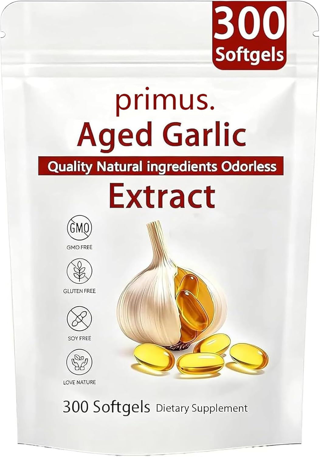 Primus Aged Garlic Extract,LUMINE Aged Garlic Extract - Count Odorless Garlic Supplement, Garlic Extract Capsules for Antioxidant & Heart Support, Non-GMO, 300 Softgels