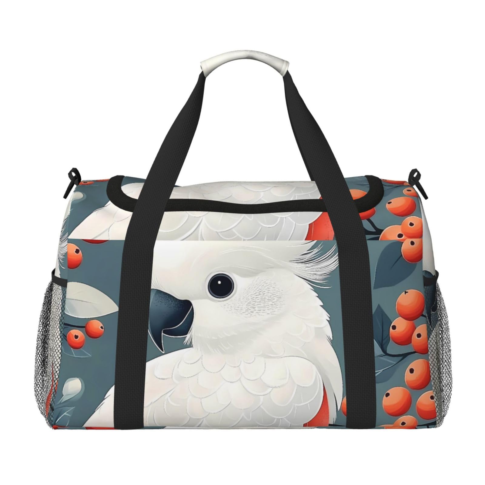 Cockatoo Red Berries Water-Resistant Travel Duffel Bag Compact Sports, Gym & Weekend Tote for Men & Women