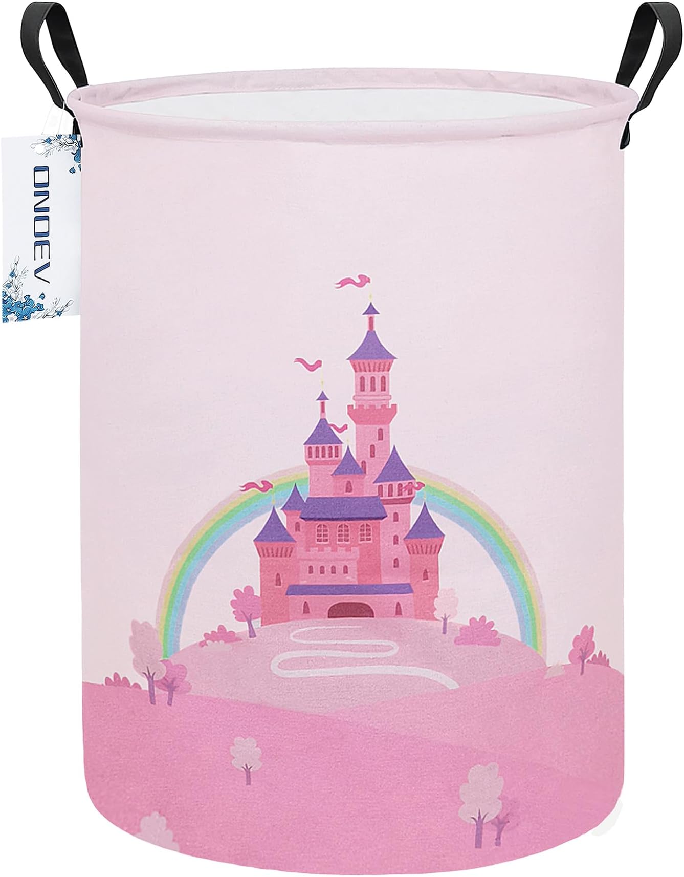Laundry Hamper, Round Waterproof Storage Basket with Handle, Foldable, Pink Castle, 19.7in(H) x 15.7in(D), for Children's Room and Toy Storage