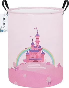 Round Large Pink Castle Print Waterproof Laundry Hamper | Moisture repellent stain-proof canvas, reinforced grips, fairy castle pattern for bedroom, playroom, closet tidy storage