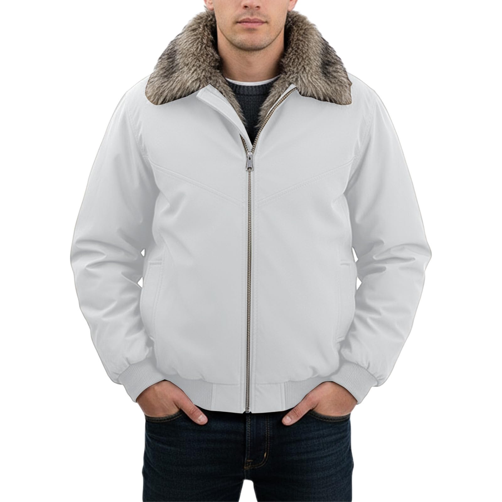 Generisch Chaqueta de plumas de piel sintética para hombre, chaqueta de invierno con cuello alto, chaqueta de entretiempo, chaqueta cortavientos, monocolor, chaqueta bomber, holgada, cálida, chaqueta