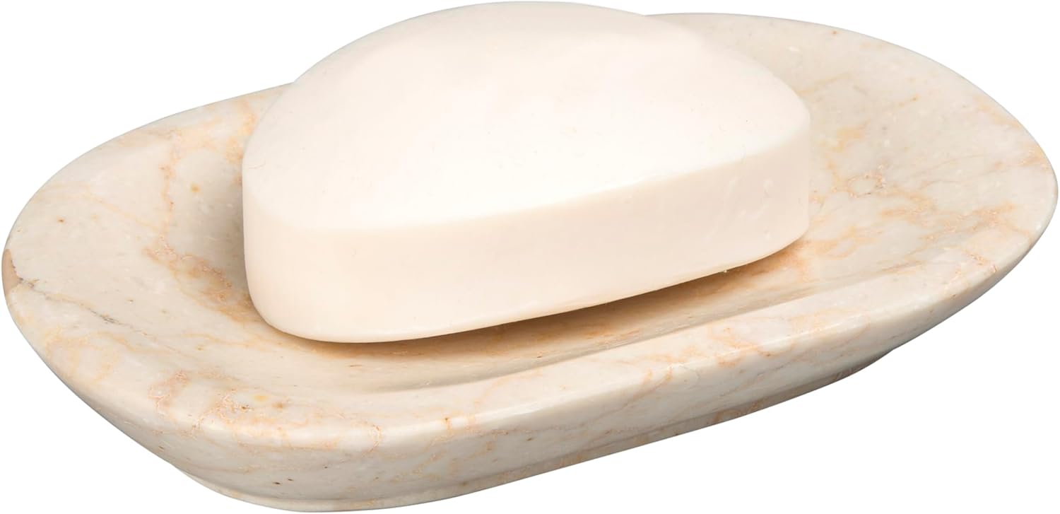 Creative Home Natural Champagne Marble Bullet Collection Bar Soap Dish Soap Tray Holder Bathroom Vanity Countertop Organizer, 5.8 x 3.8 x 0.9 H Inch, Beige