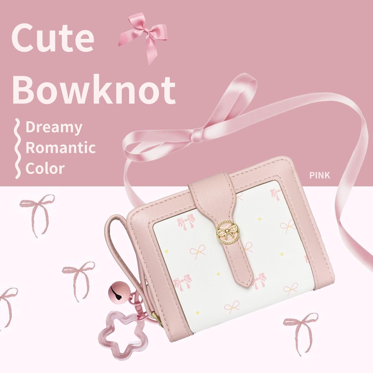 Cute Wallet Girls Bow Small Little Wallets For Women Zipper Coin Pocket Purse (Pink) - Image 2
