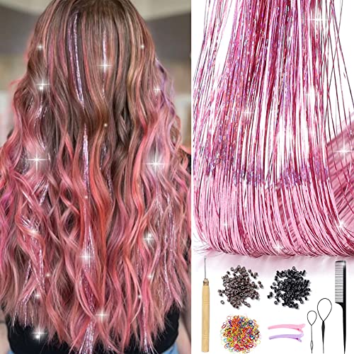 Pink Hair Tinsel Kit With Tools 47 Inch 1100 Strands Tinsel Hair Extensions Fairy Hair Tinsel Kit Heat Resistant, Sparkling Shinny Glitter Tensile Hair Extensions For Women Girls Hair Accessories (Pink) #TOP5
