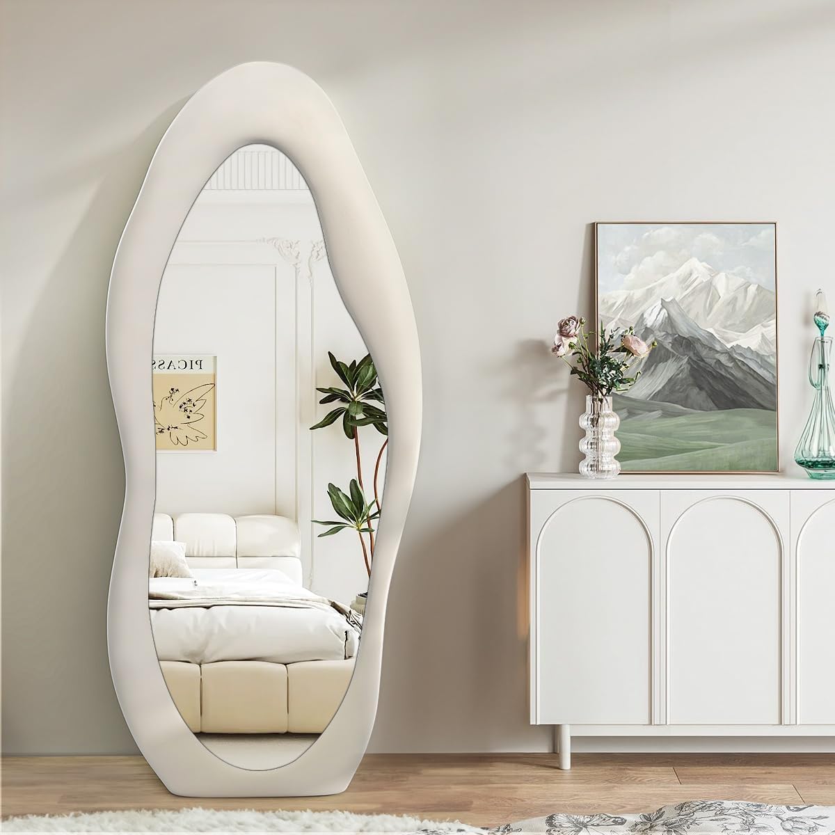 160 x 60CM Irregular Wavy Mirror, Flannel Wrapped Frame, Floor Standing Dressing Mirror, Space Modern Style, Foldable Stand, Wall Mount & Floor Display for Bedroom, Living Room(White, 160 * 60cm)
