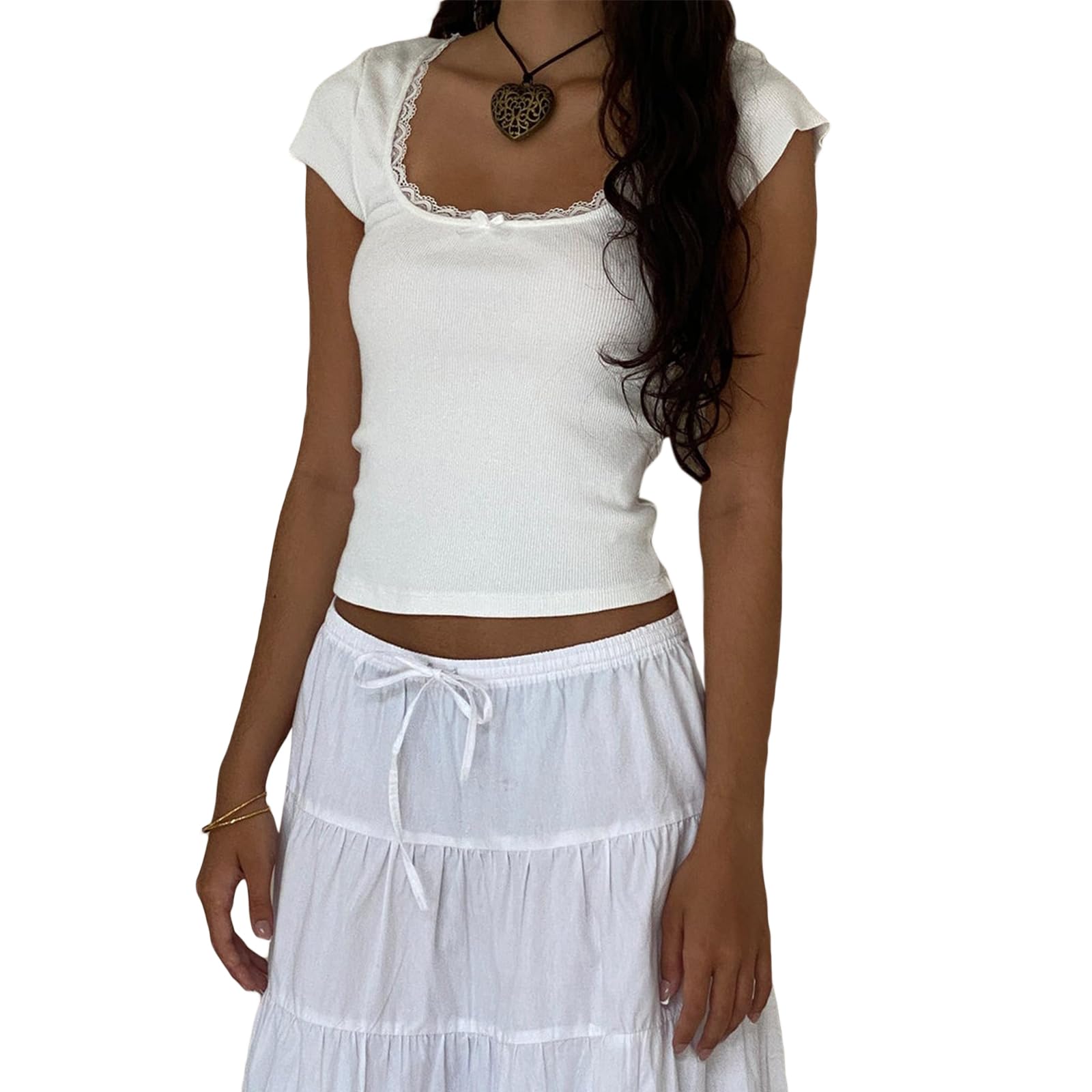 Womens E-Girls Short Sleeve T-Shirt Y2k Lace Trim Crop Tops Crewneck Fairy Grunge Tee Tops Aesthetic Summer Clothes: Large White Lace