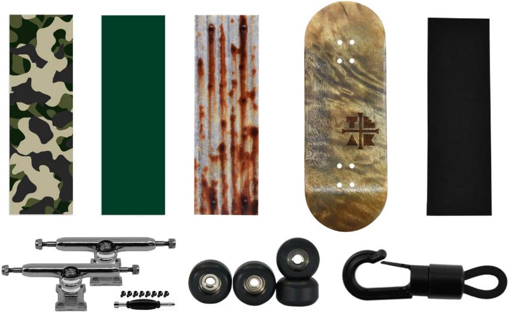 Teak Tuning Fingerboard Starter Set No. 5 - Includes 34mm Graham Cracker Fingerboard Deck, 3 Deck Graphic Wraps, 1 Piece of Trick Tape, Set of 34mm Silver Trucks, Black-Colored Wheels, and a Carrier