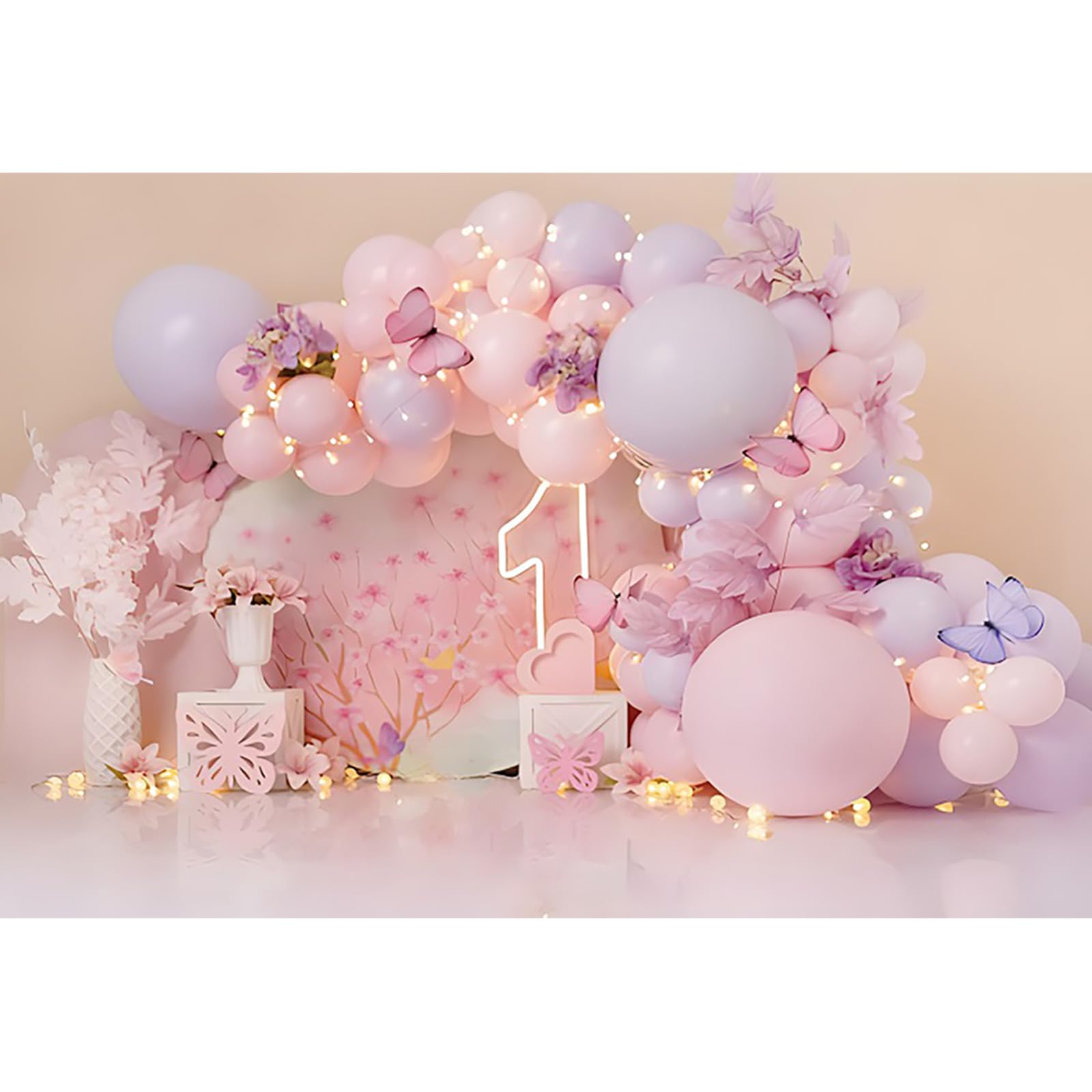 2,7 x 1,8 m rosa 1° compleanno sfondo rosa fiori viola palloncini farfalle 1° compleanno fotografia sfondo neonate festa di compleanno banner decorazioni torta tavolo foto puntelli