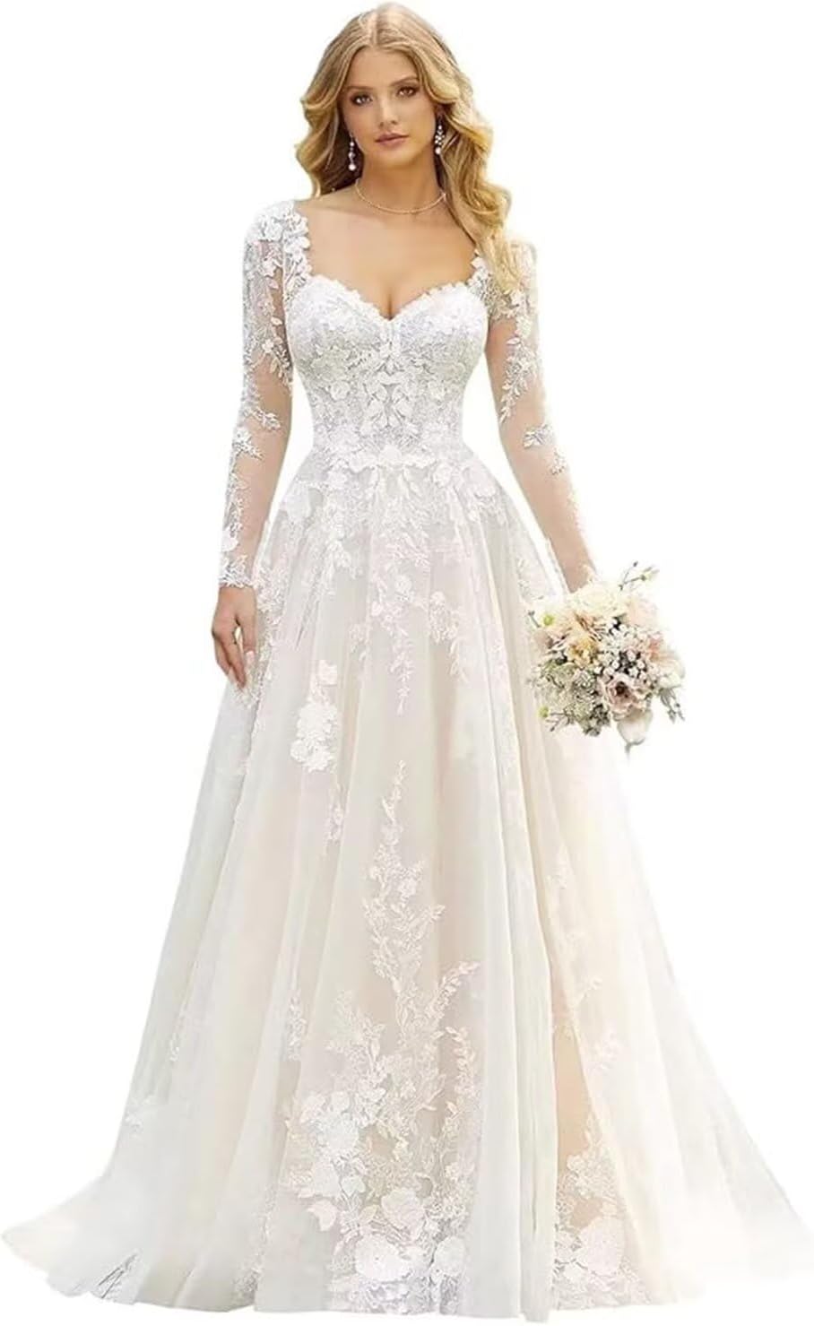 Long Sleeve Lace Wedding Dresses A-Line Tulle Bridal Dress with Train