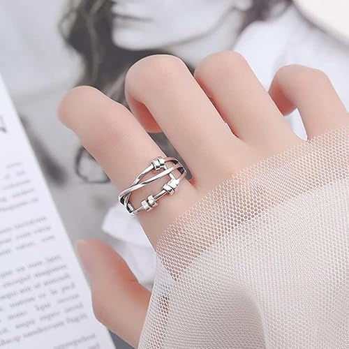 Miniatura 4 de LOVECOM Anillos de plata de ley antiansiedad para mujer, con cuentas giratorias, banda giratoria, abierta, ajustable, apilable, giratorio, alivio