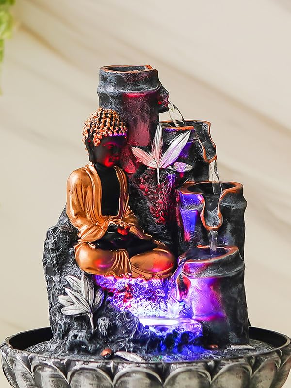 Image of Grey Color Polyresin Tabletop Buddha 4 Step Indoor Water Fountain for Home Decor with LED, Speed Control Pump (Size: 20 x 20 x 25.5 CM | Weight: 1010Gram)