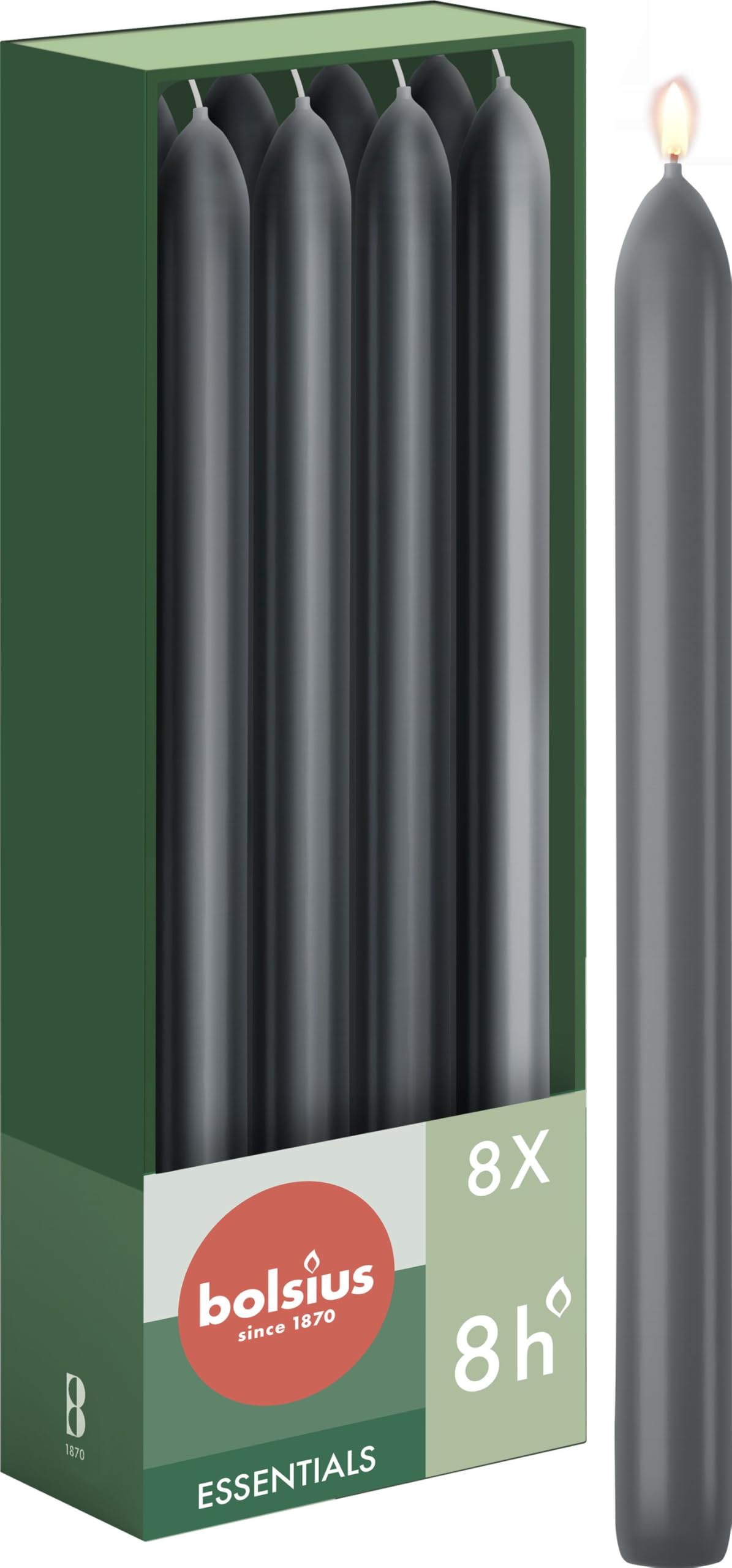 Bolsius Tapered Dinner Candles – Anthracite – 8-Pack – 23 cm – Long Burning Time of 8 Hours – Unscented – Includes Natural Vegan Wax – Without Palm Oil