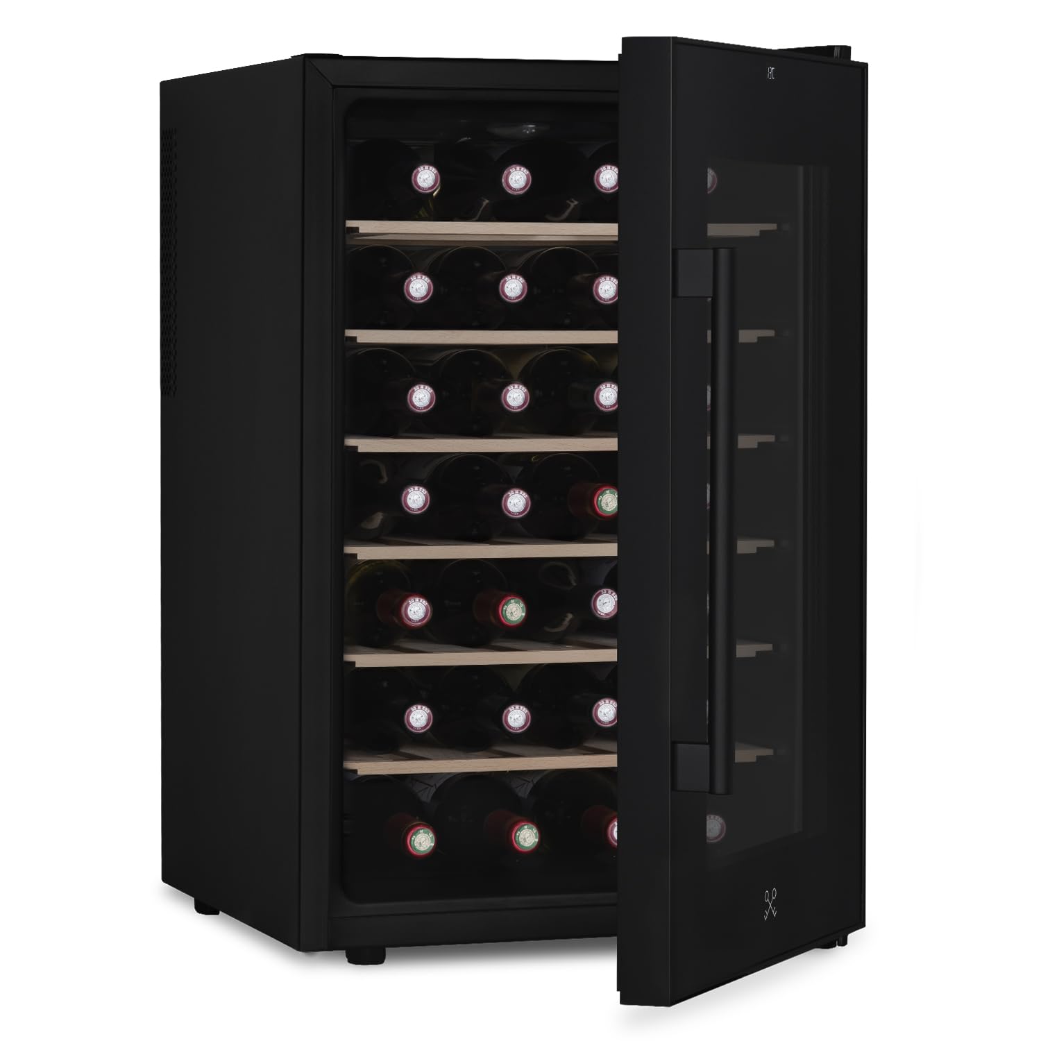 LES PETITS CHAMPS 28 Bottle Cantinetta per vino CAVCB28 Black Edition, 70L, 6 ripiani, regolabile da 11 a 18°C, raffreddamento termoelettrico, design elegante, LED, anti-UV