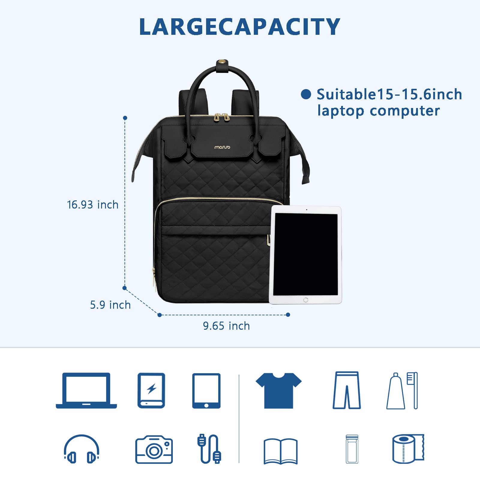 MOSISO 15.6 Pollici Zaino Porta PC Donna e Uomo,Borsa Porta Laptop 15-16 Pollici,Trapuntato a Rombo Approvato il Volo Viaggio con Maniglia Pu,Zaino con Porta USB Universita,Lavoro e Affari, Nero