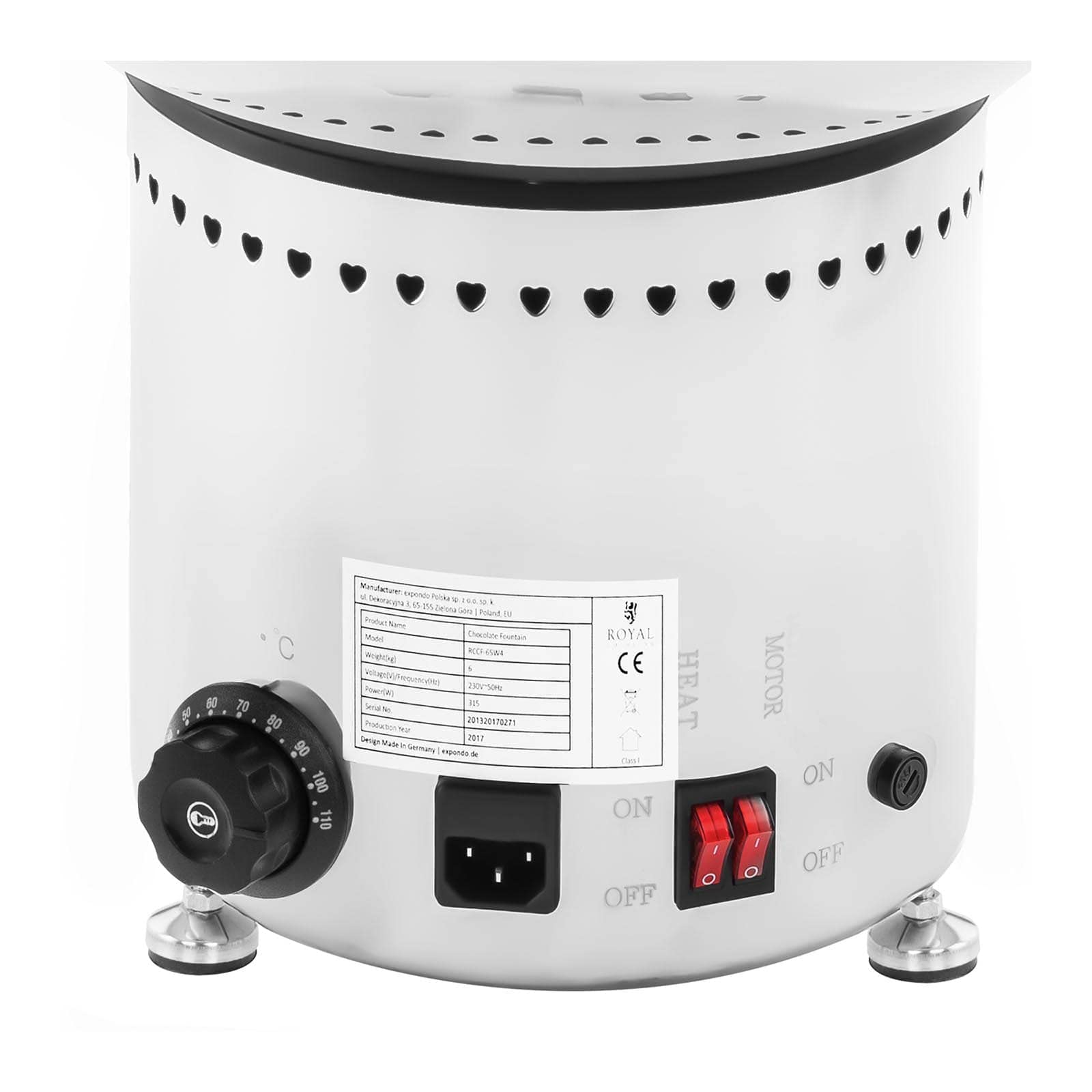 Royal Catering RCCF-65W4 Fontana di Cioccolato Professionale Elettrica Fonduta di Cioccolato (6 kg, 200 W, Temperatura 0–110 °C, 5 Livelli) Acciaio Inox