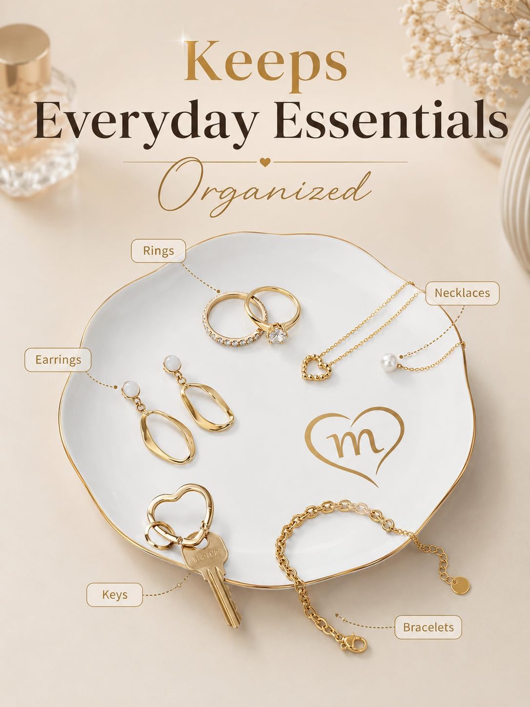 Initial Ceramic Jewelry Dish for Women, Monogram Ring Dish Trinket Tray with Gift Box, Personalized Jewelry Holder for Rings Earrings Necklaces, Birthday Mother’s Day Bridesmaid Gift (m)