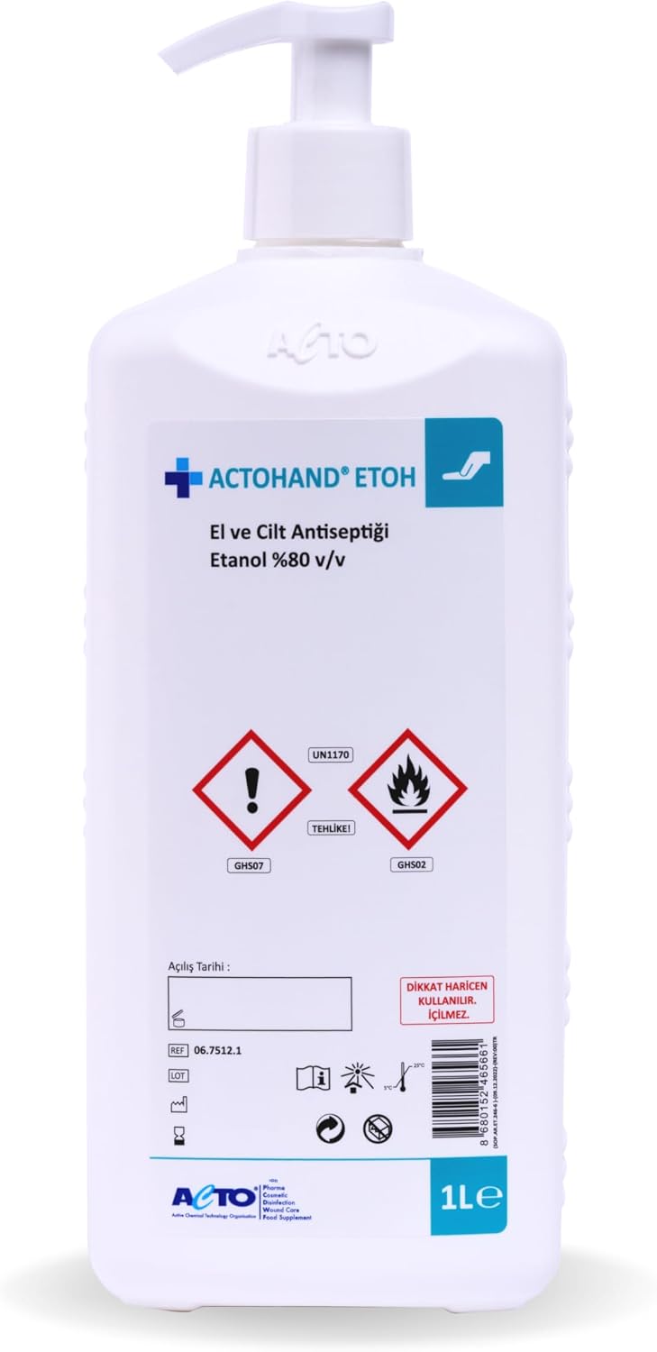 ACTOHAND® ETOH 1L – El ve Cilt Antiseptiği |%80 Etanol (v/v) İçerikli Hızlı Etkili Dezenfektan | Zararlı Mikroorganizmalara Karşı Etkin Koruma | Cilt Dostu, Hızlı Kuruyan Formül
