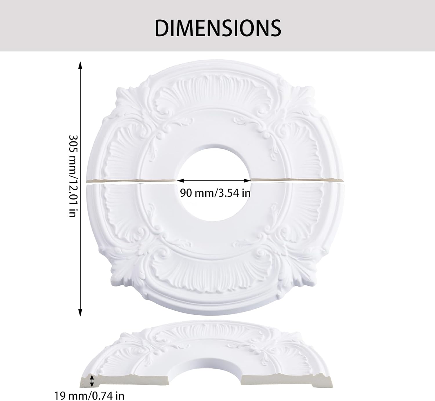 Markcain Small Split Ceiling Medallion for Light Fixtures and Ceiling Fans, 12" OD x 3.5" ID Round PU Cover Plate, White, Decorative Ceiling Accent for Home Renovation and DIY Enthusiasts(Style B)