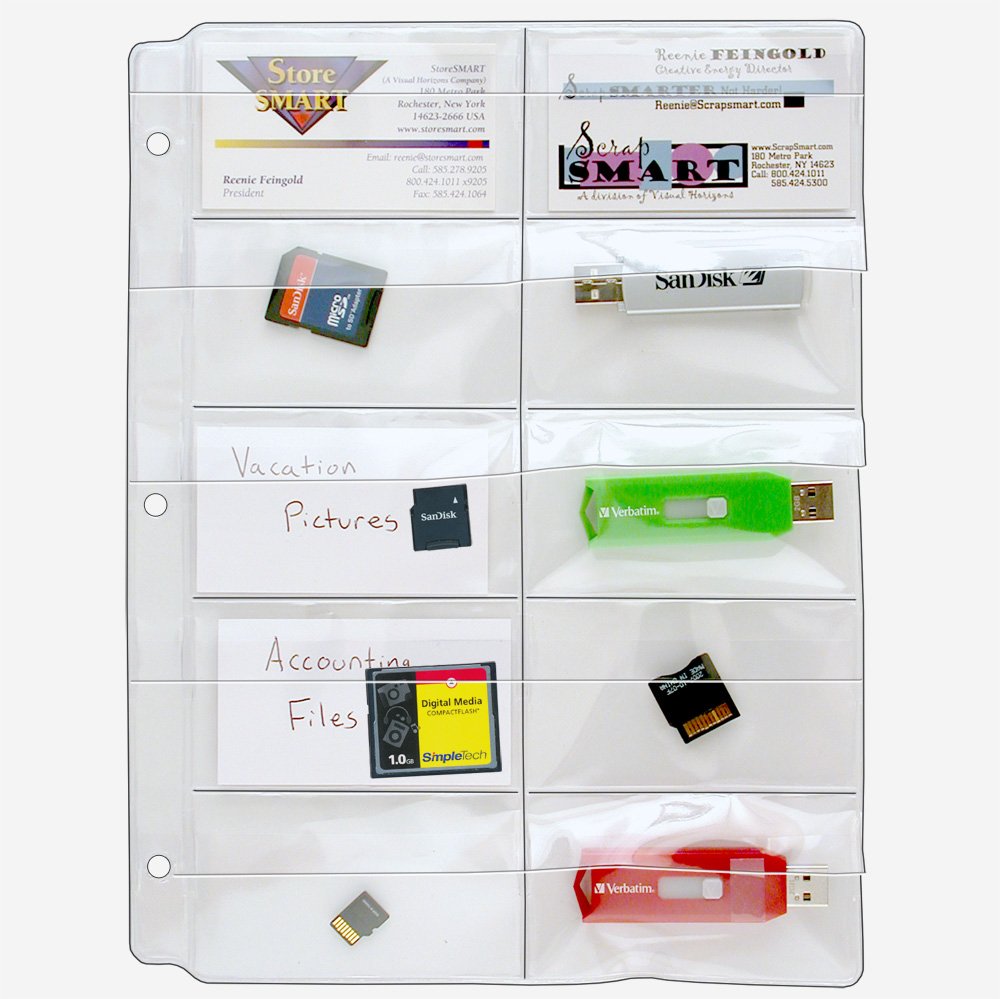 StoreSMART – páginas – Tarjetas de memoria (SD) y tarjetas de visita – con solapa – de plástico para carpetas de anillas – paquete de 10 unidades