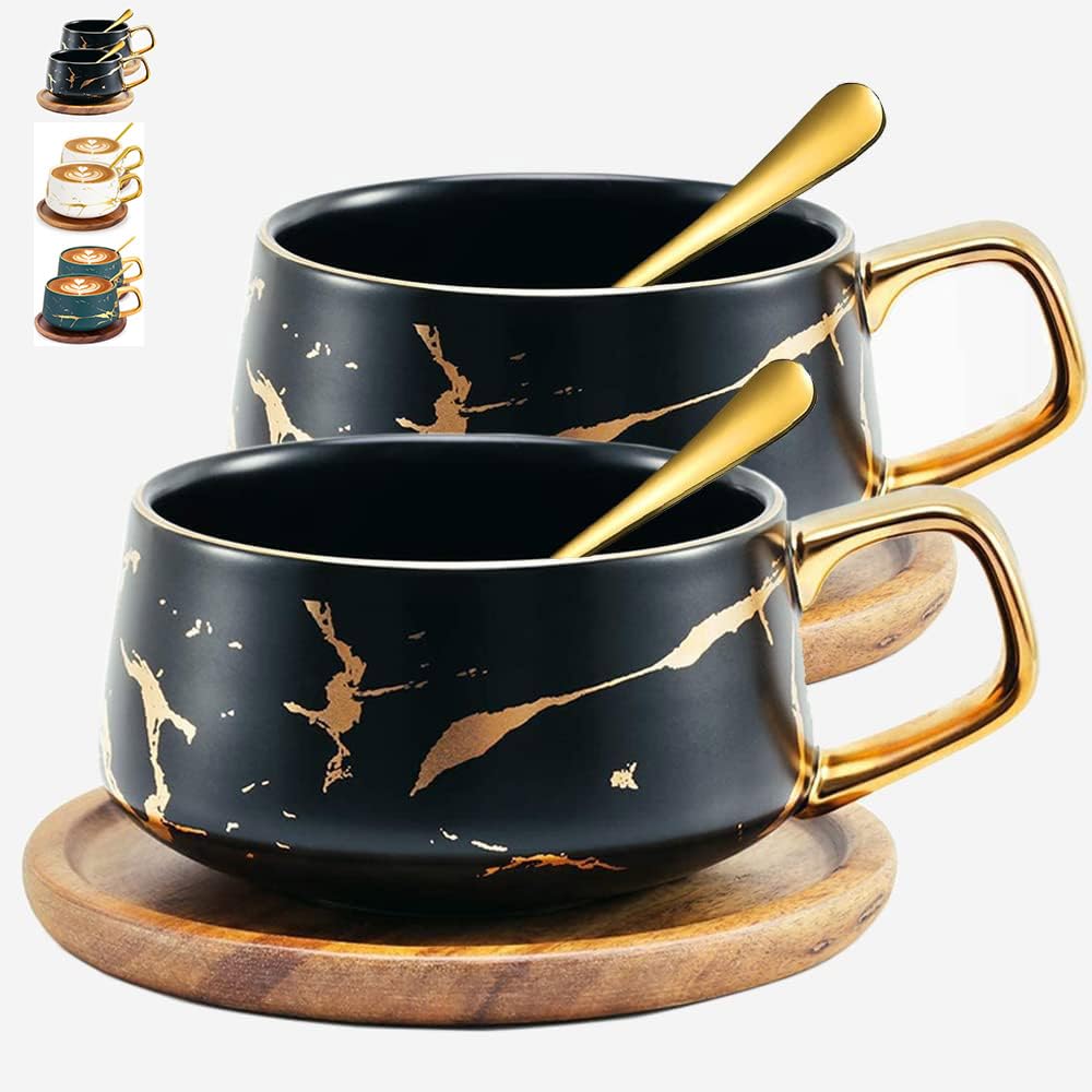 2 Pcs Tea Cup and Saucer Set, Porcelain Espresso Coffee Cup with Saucer and Spoon, Ceramic Mugs for Home and Restaurants, Valentines Mothers Birthday Christmas Gifts for Women Men Friend