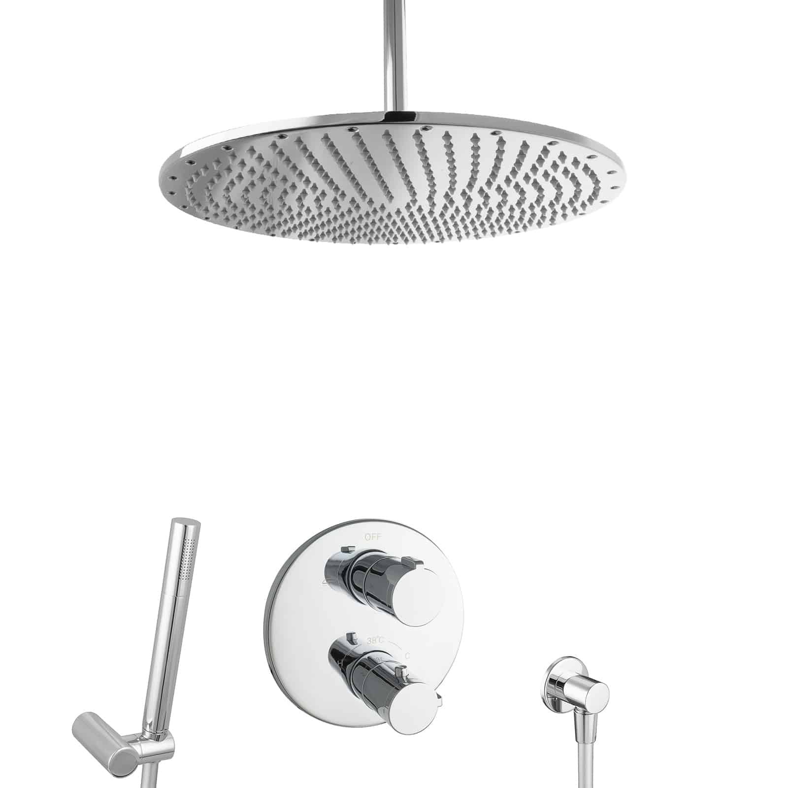 Sistema de Ducha Empotrado con Termostato, Rociador de Lluvia 40 cm, Latón Cromado, Ducha de Mano, Montaje en Pared