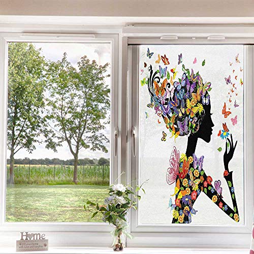 Butterflies Window Film Decorative Window Film,Girl Fashion Flowers Ornamental Floral Foliage Nature Forest Animal Print Bulk Window Tint For Bathroom Kitchen Room Office,Multicolor 24" X 36" #TOP3