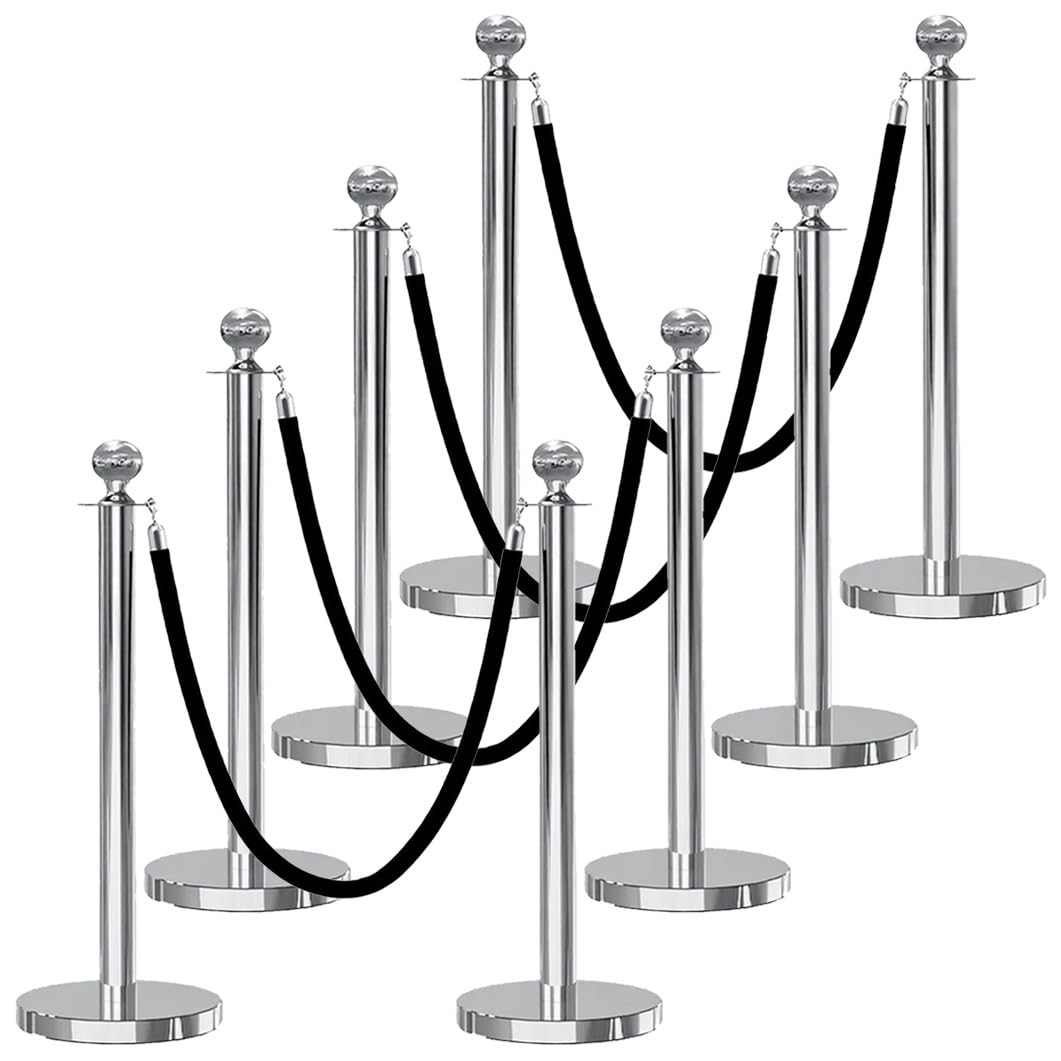 Juego de 8 piezas de acero inoxidable para control de multitudes con cuerdas de terciopelo negro de 5 pies, soportes comerciales para eventos, fiestas y sistema de colas, color plateado