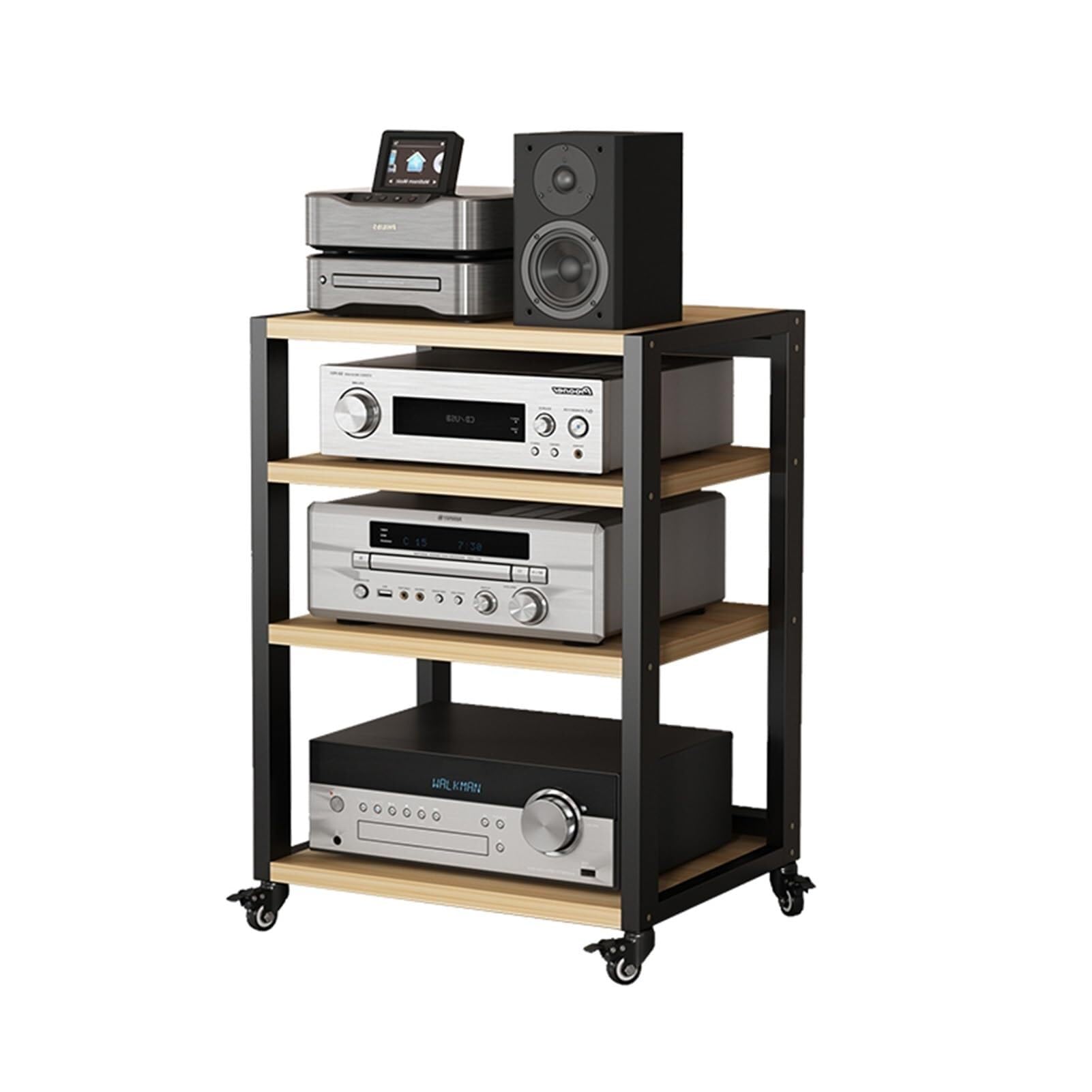 Estante rodante de 4 niveles para impresora, torre AV y HiFi para oficina en casa y sala de mamá, soporte abierto para impresora, sistema de sonido y Equint