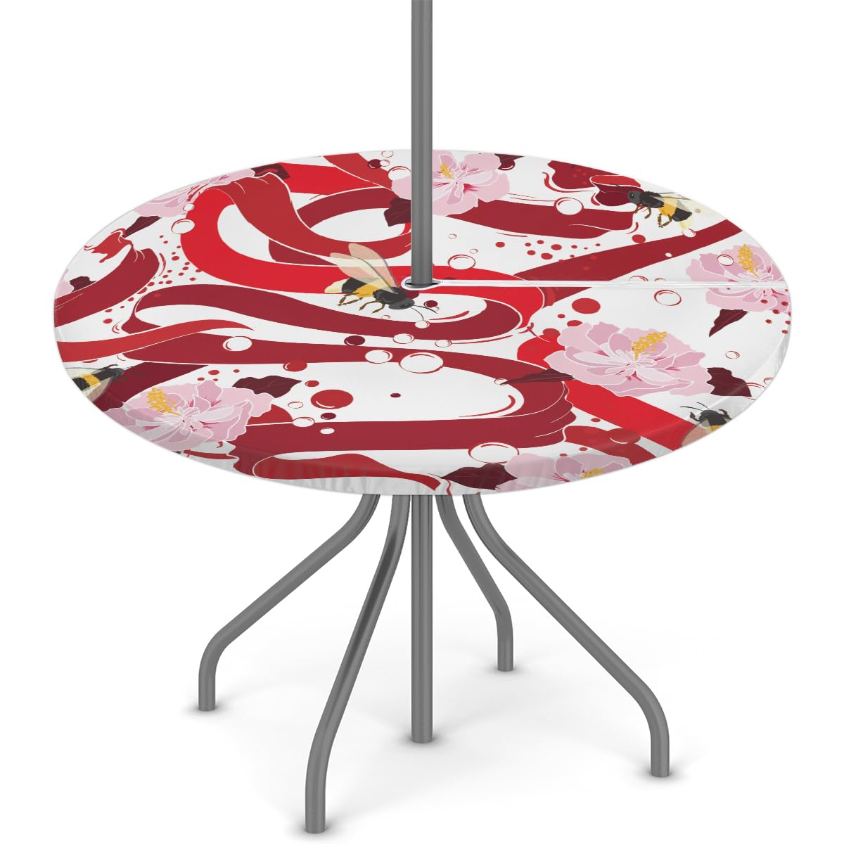 Runde Outdoor-Tischdecke Mit Schirmloch & Reißverschluss – Motiv Kolibri, Elastischer Rand | Für Tische Ø 114–142 Cm, Lila