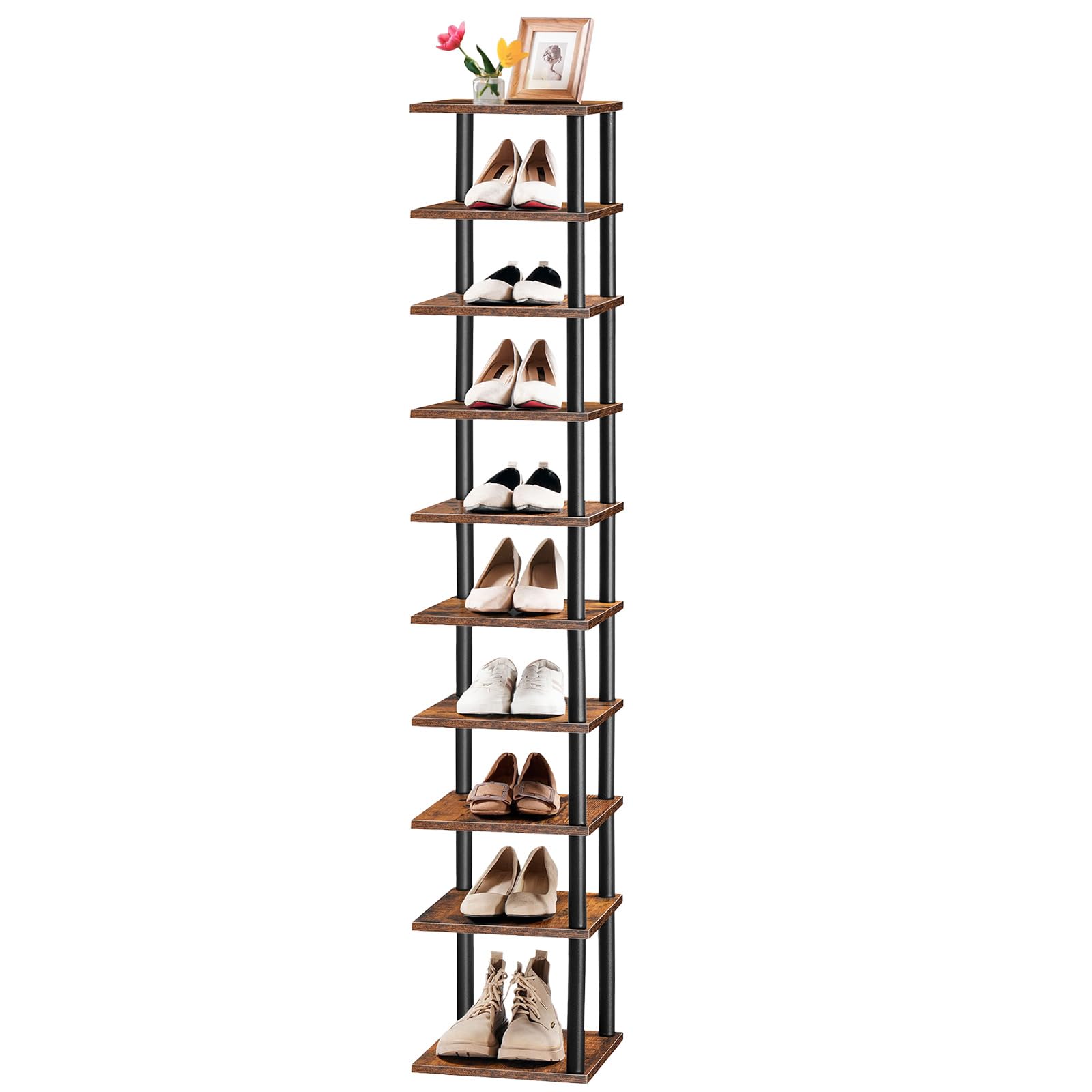 HOOBRO Estantería para Zapatos, Estante Zapatero de 10 Niveles, Organizador de Zapatos, para Entrada, Vestíbulo, Sala de Estar, Dormitorio, Marrón Rústico y Negro EBF32XJ01