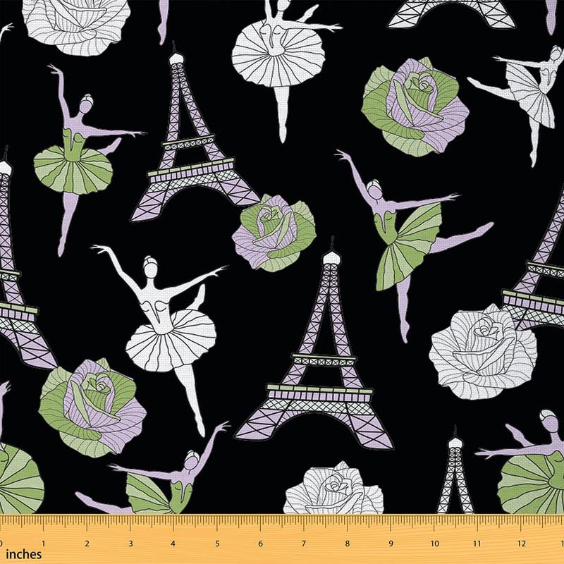 Eiffel Tower Fabric by The Yard Paris Decor Upholstery Fabric for Chairs Romantic Ballet Dancer Trip Design Decorative Fabric for Upholstery and Home DIY Projects 10 Yards (L920*W150cm) Black Green