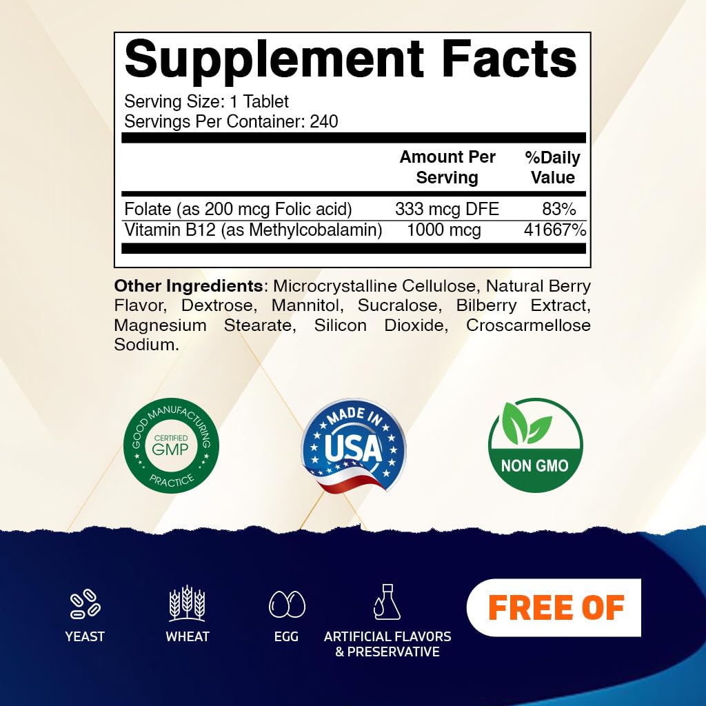 Vitamatic Methyl B12 1000 mcg with Folic Acid – Natural Berry Flavor – 240 Fast Dissolve Tablets – Methylcobalamin Vitamin B12 for Energy & Nervous System Support – Vegan & Non-GMO Supplement — Amazon image 2