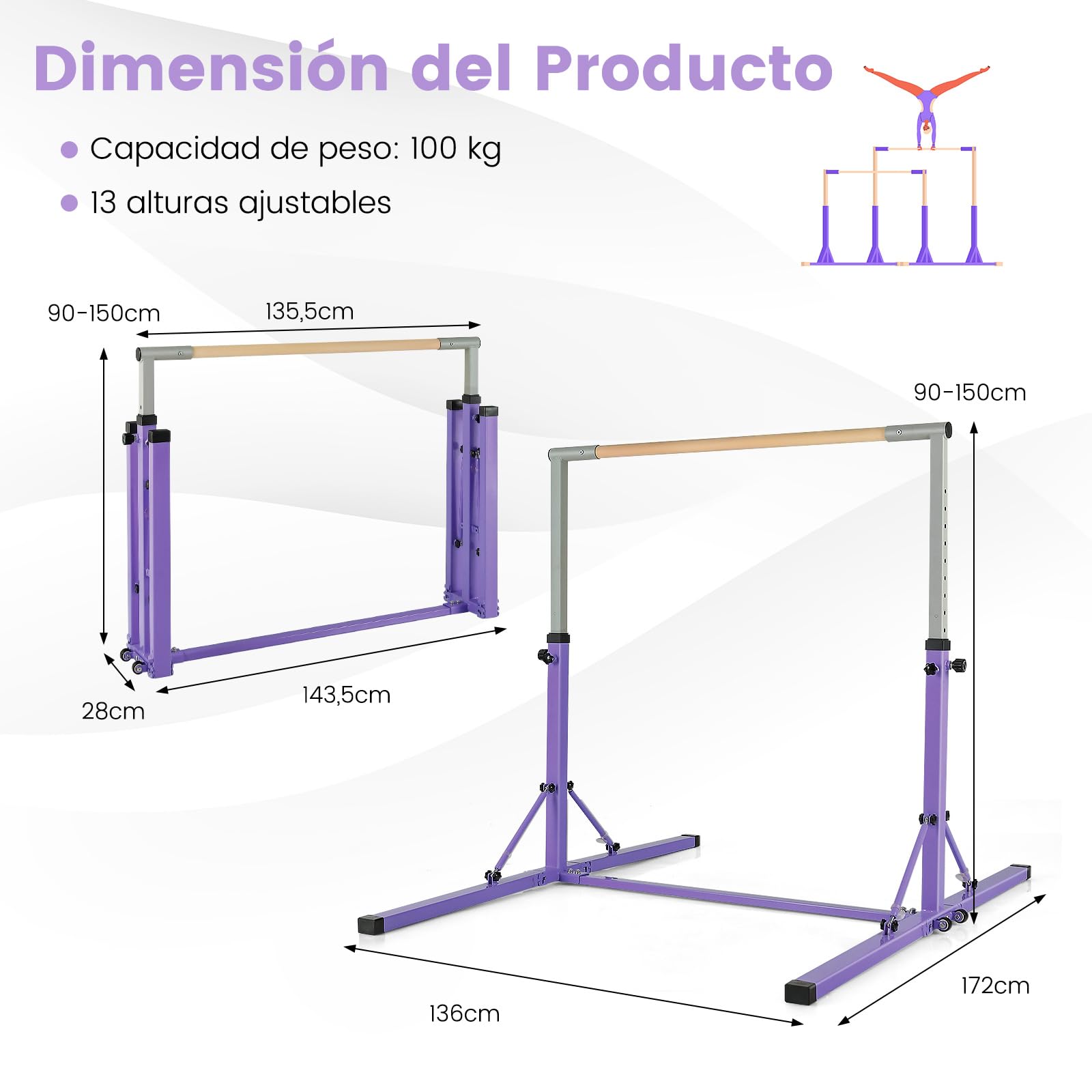 COSTWAY Barra de Gimnasia Plegable para Niños, Barra Horizontal Gimnasia, Alturas Ajustables de 13 Posiciones, Carga 100kg, Casa, Gimnasio