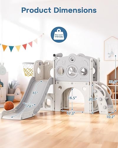Miniatura 6 de Babytronic Tobogán para niños pequeños, tobogán 8 en 1 para niños con aro de baloncesto, telescopio y escalador, tobogán para bebés, parque infantil