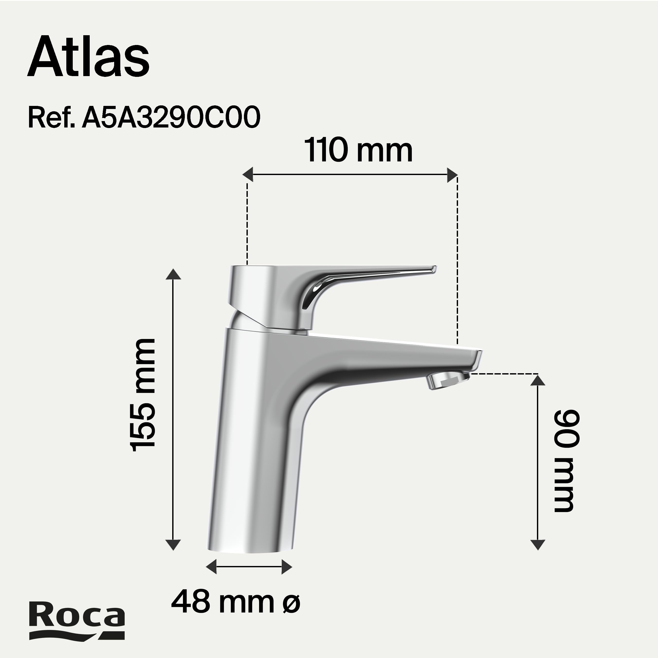 Roca Atlas Grifería para lavabo con tecnología Cold Start, grifo monomando de repisa con enlaces de alimentación flexibles, mezclador para cuarto de baño de fácil instalación, cromado, A5A3290C00