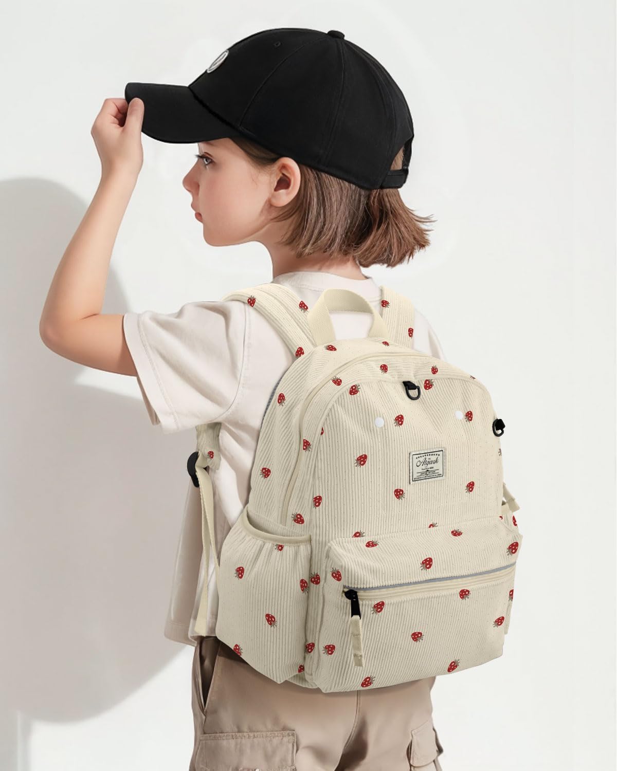 Corduroy Toddler Backpack for Boys and Girls 2-5: Preschool Cute Kids Backpack 13.5" H Fit Folder Strawberry Corduroy Age 2-5 (13.3" H Fit A4 Folder) image 3 of 8 B0DG2V54PY