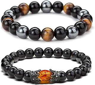 INENIMARTJ 2PCS Hematite Magnetic Therapy Bracelet for Men Women,Triple Protection Bracelet Hematite Beads+Black Obsidian+Tiger's Eye Stone Bracelets