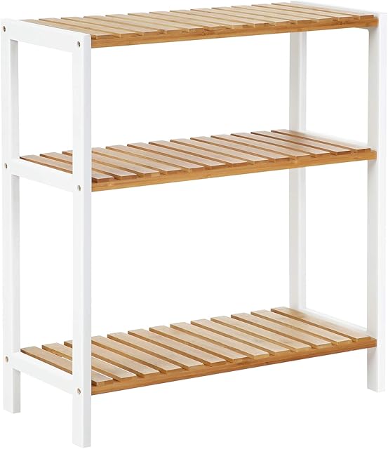 SONGMICS Bamboo Storage Shelf, 3-Tier Plants Shoe Rack, Multipurpose, in the Entryway, Bathroom, Living Room, Balcony, Kitchen, Natural and White BCB33WN