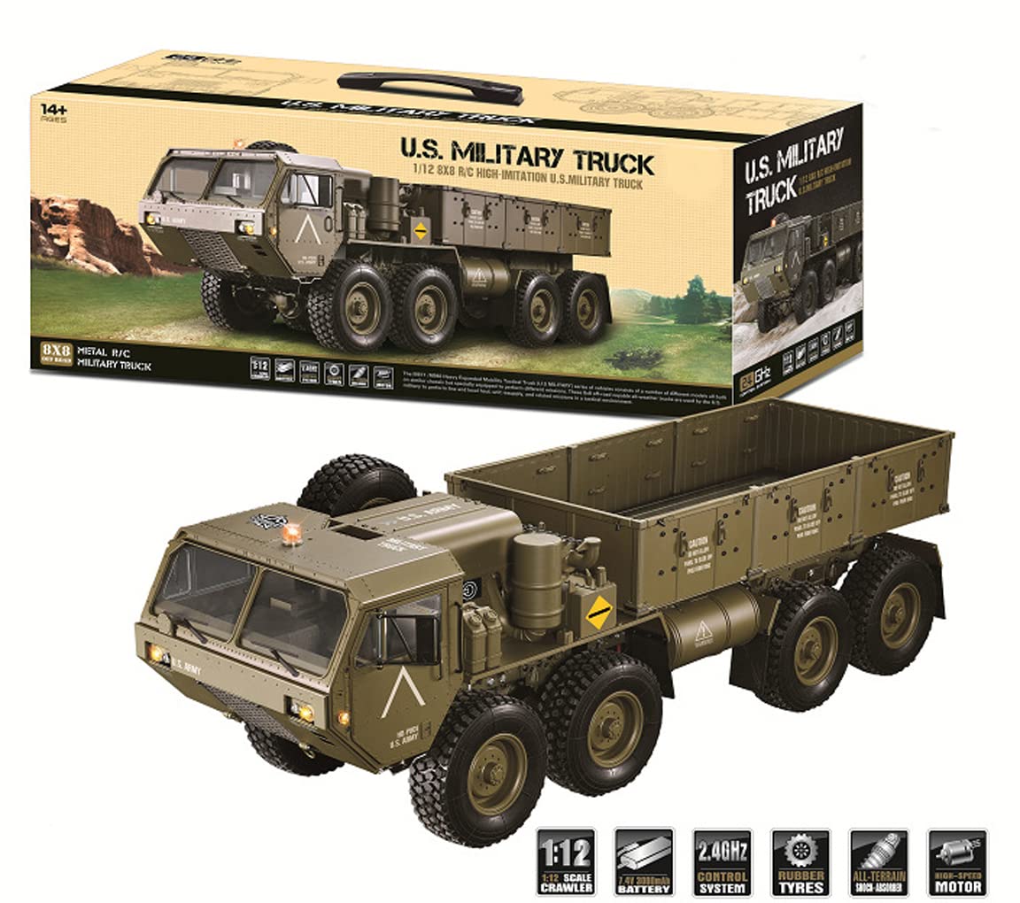 1:12 RC Metal Auto Land Car 2.4G 8 Wheels Military Truck Simulation Dump Dump Regalo per Decorazioni per Camion a Ruote Pesanti.