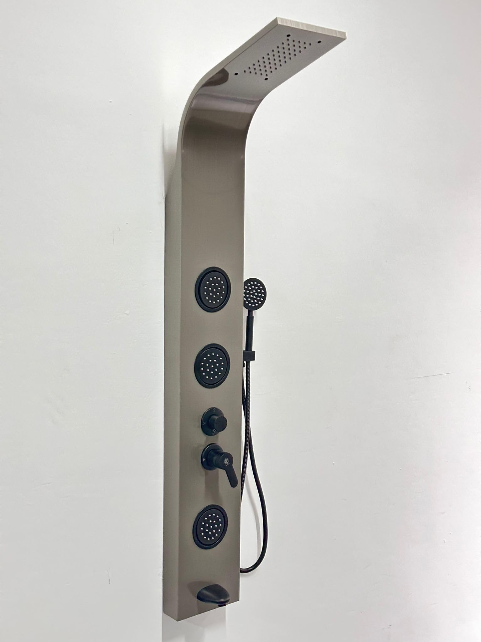 Système de Douche Luxe en Acier Inoxydable - Panneau Incurvé Quatre Fonctions (Pluie, Massage, Douchette) - 150x20x7 cm (Nickel)