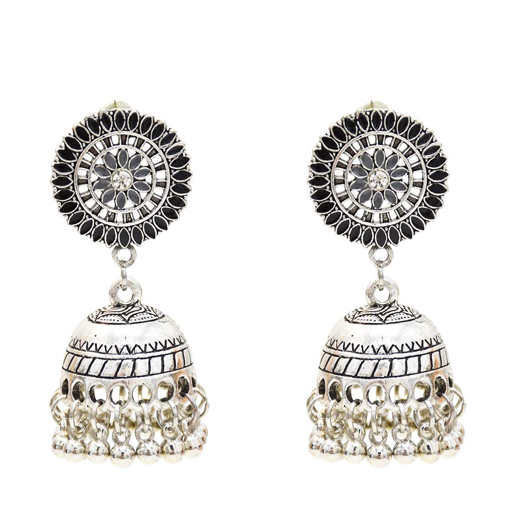 Ethnic Jhumka Drop Earrings For Women - Gold Afghan Boho Tassel Earrings With Bells & Pearls - View #9