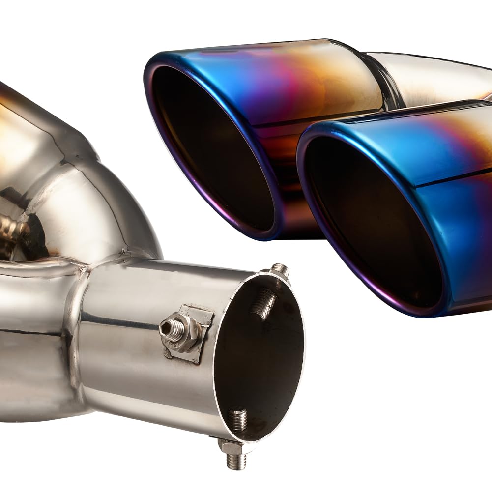Blueshyhall Terminale di scarico doppio tubo 60 mm, silenziatore auto curvo, blu al forno, ovale, in acciaio inox curvo