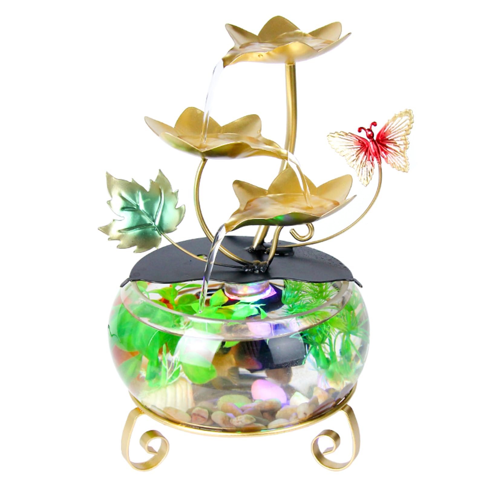 Fontana d'acqua da tavolo con foglie di loto dorate, con luci a LED, acquario e decorazione a farfalla, fontana zen decorativa per interni per casa o ufficio