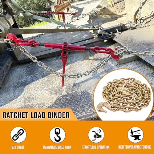 Image of Chain Binders, Transport Chain, Tie Down Chain and Binder 3 /8''-1 /2'', 10Ft Chains with G70 Hooks, Ratchet Load Binders 9215Lbs Working Strength, Towing Chain for Flatbed Trailer Truck