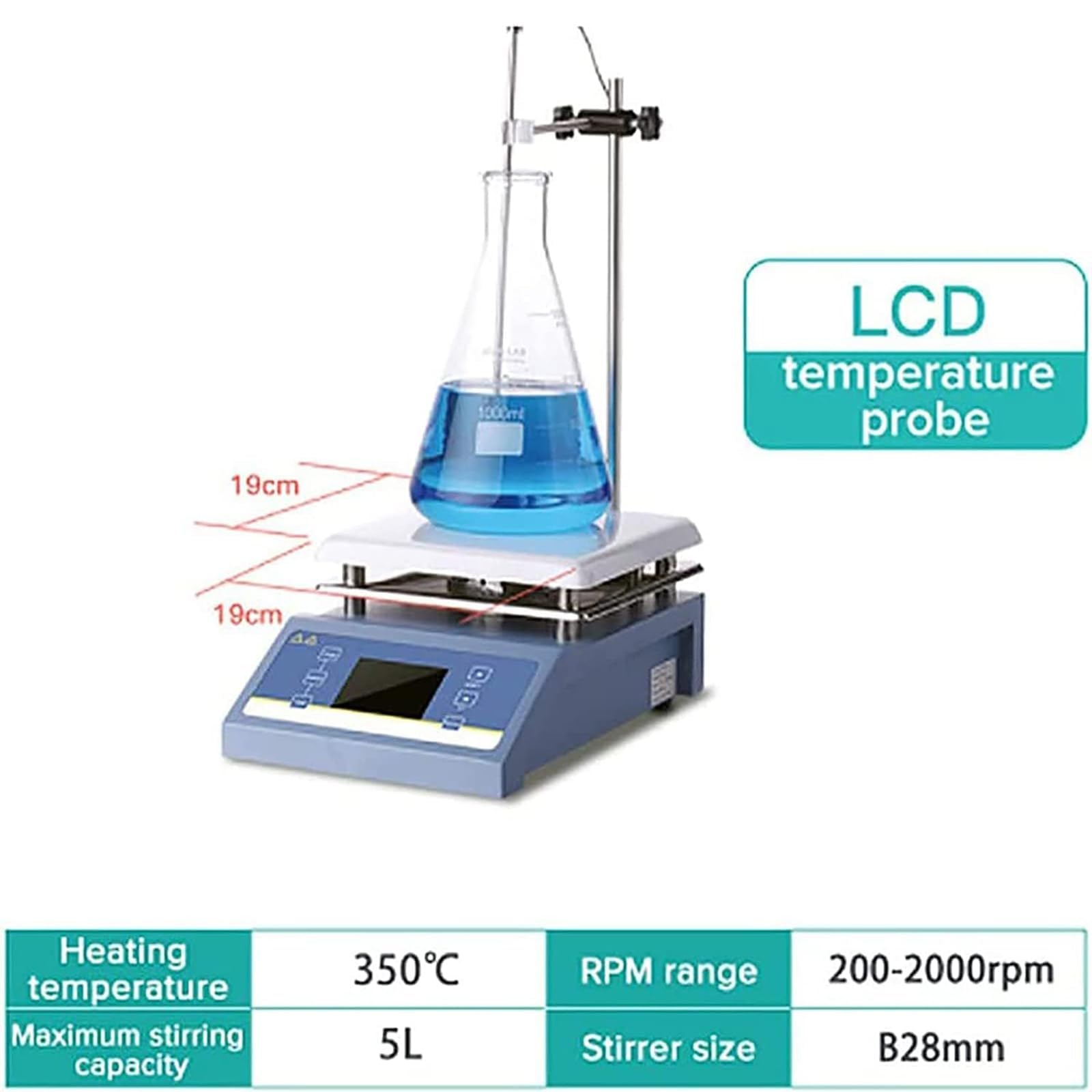 Agitador magnético, placa digital de 5 litros con pantalla LED, sonda de temperatura, velocidad ajustable 200-2000 rpm para uso en laboratorio