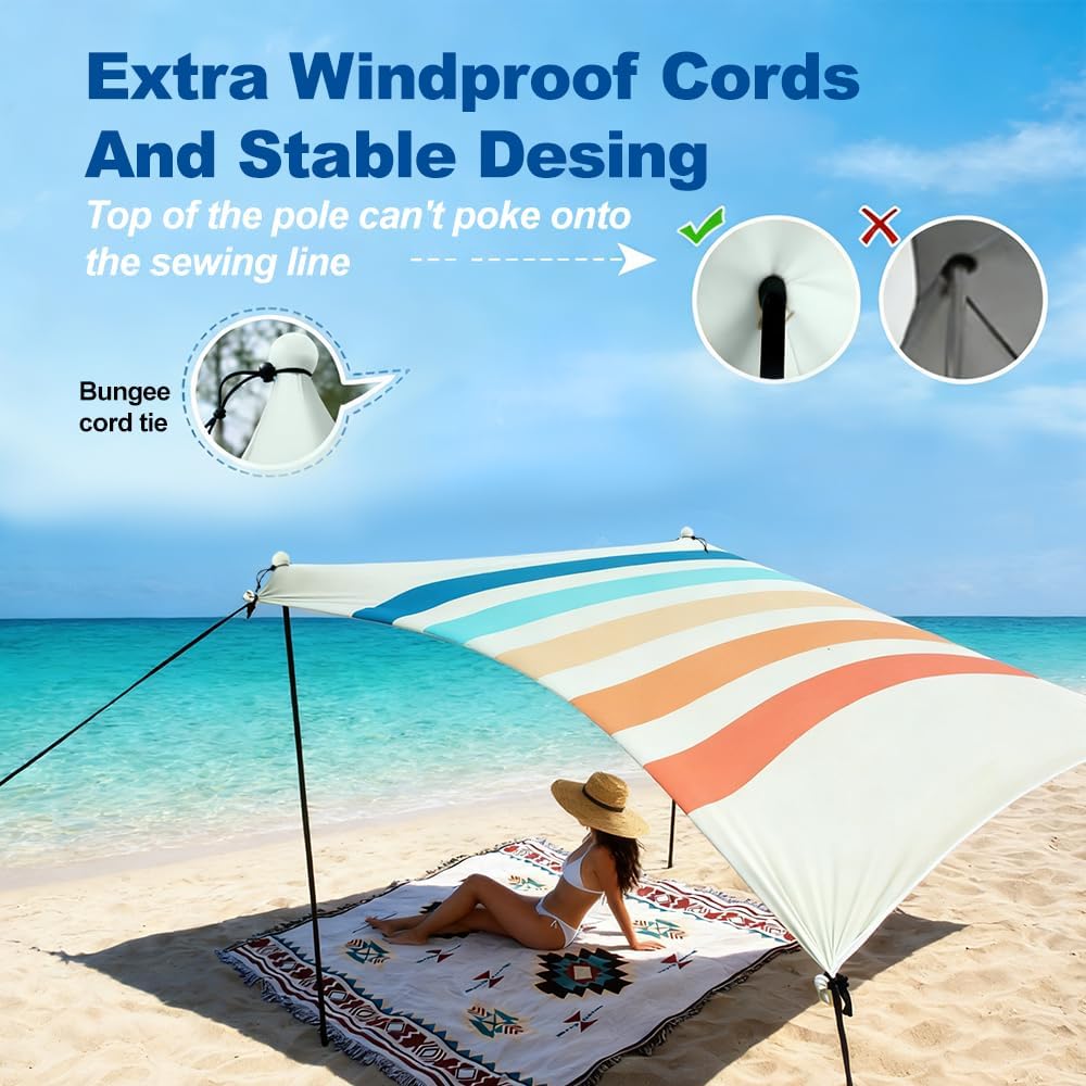 Beach Tent Shade Canopy UPF50+Protection & Windproof Pop Up Beach Shelter Tent with 2 Stability Poles 4 Sandbags for Family, Travel & Camping, Easy Setup