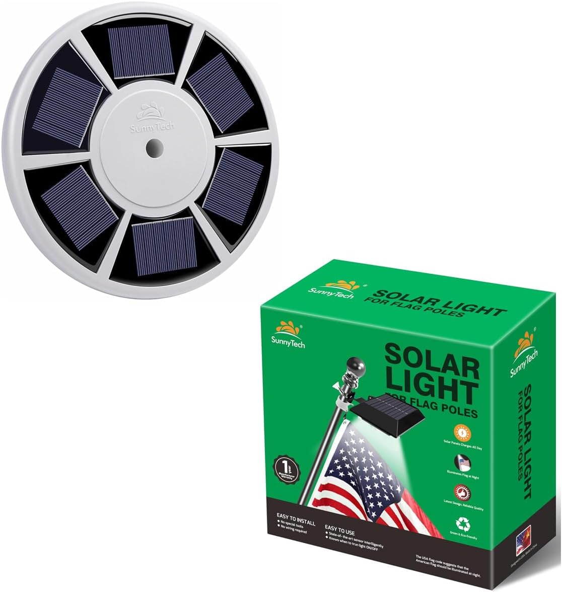 Sunnytech Solar Power Flag Pole Flagpole Light & Solar Power 12LED Flag Light-Black